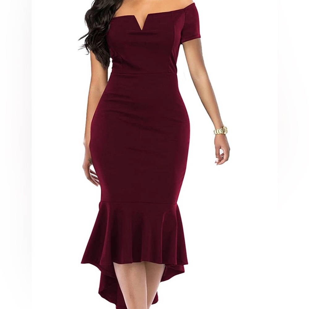 New Burgundy Dress For Women Fishtail , V Neck